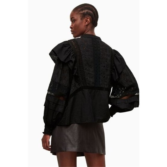 AllSaints Black Prim Broderie Eyelet Ruffled Bubble Sleeves Top Size 4 - Picture 11 of 15